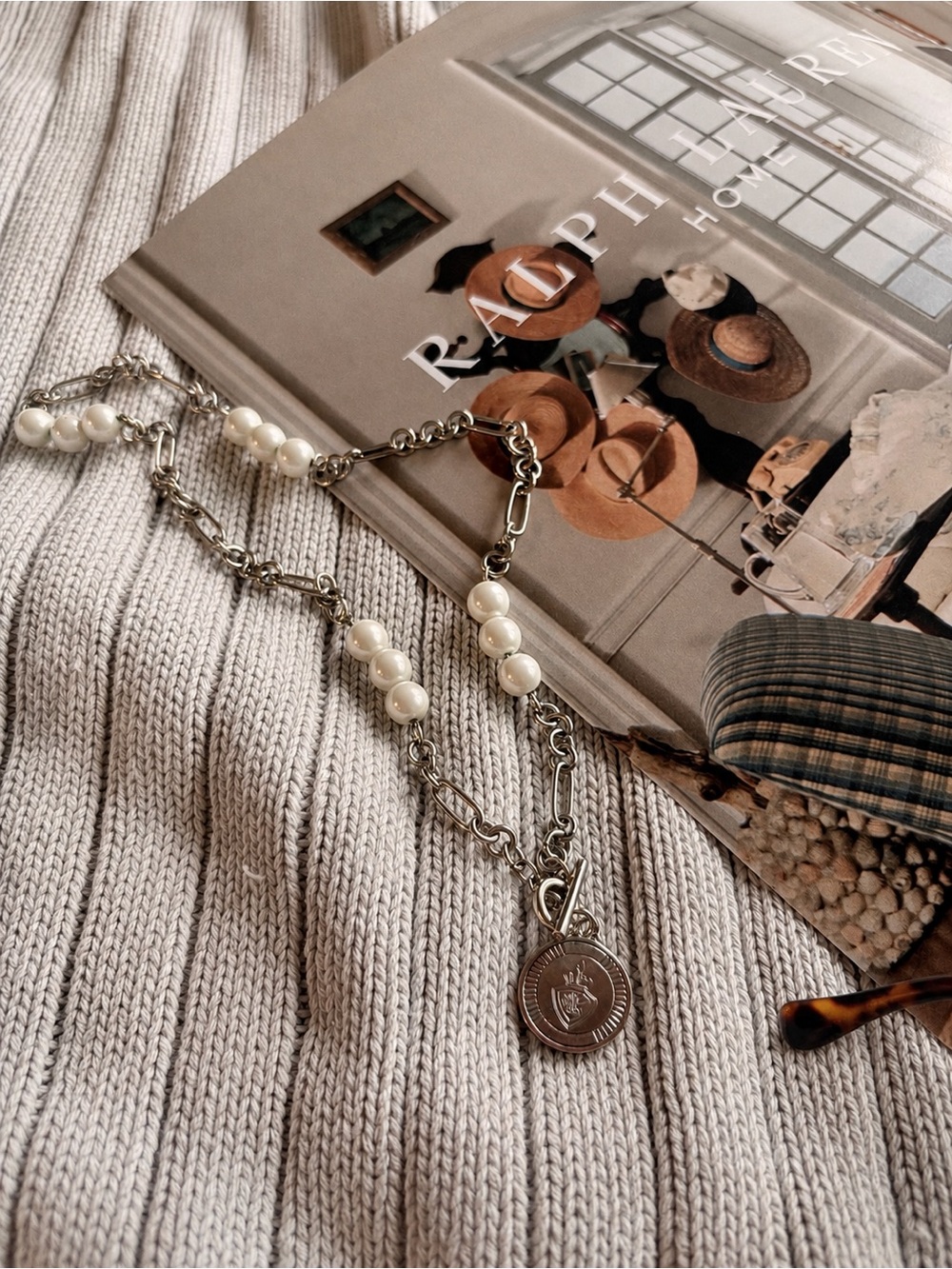 Ralph Lauren Pearl Toggle Medallion Necklace Pendant Coastal Quiet Luxury